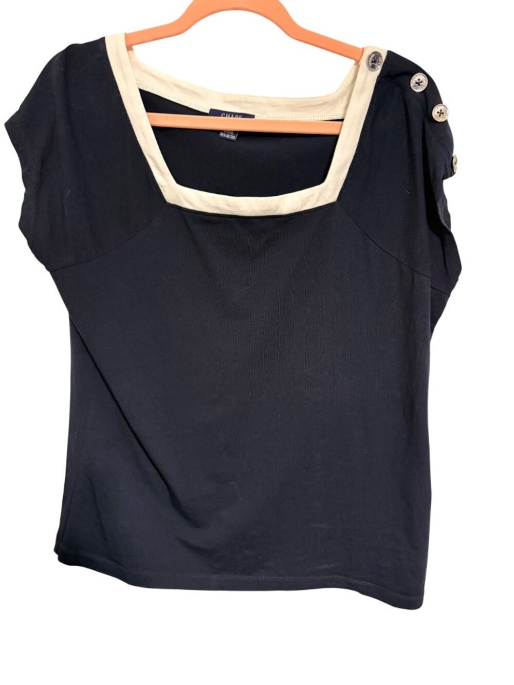 Chaps Knit Top Navy Nautical Square Neck Button Trim Womans XL